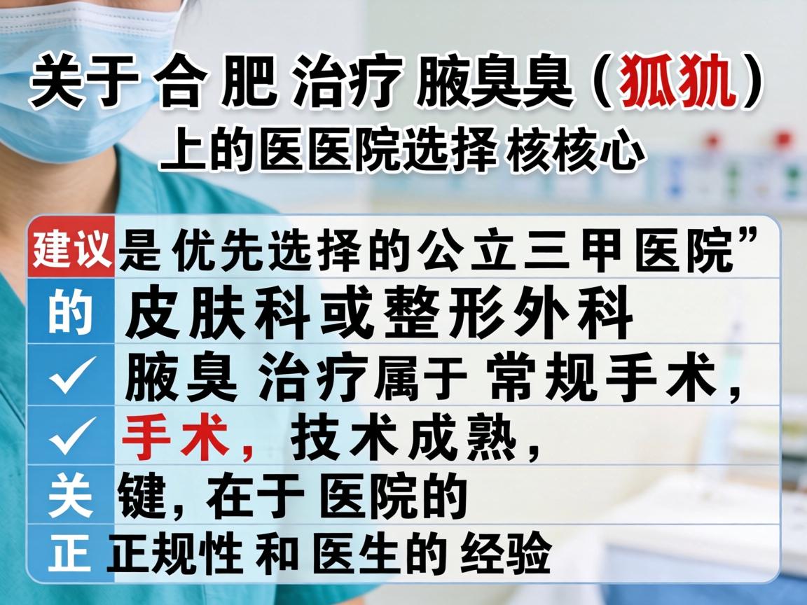关于合肥治疗腋臭（狐臭）的医院选择，核心建议是优先选择公立三甲医院的皮肤科或整形外科。腋臭治疗属于常规手术，技术成熟，关键在于医院的正规性和医生的经验