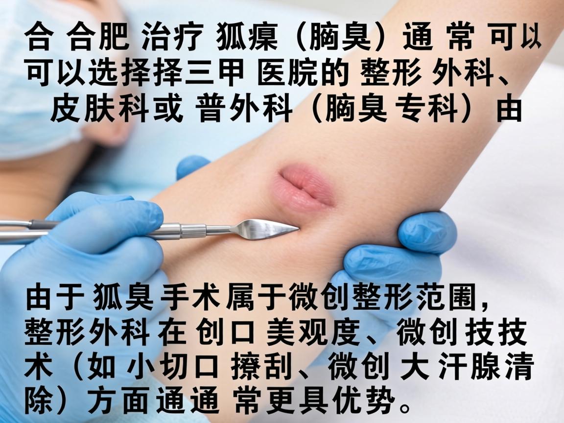 在合肥,治疗狐臭(腋臭)通常可以选择三甲医院的整形外科、皮肤科或普外科(腋臭专科)由于狐臭手术属于微创整形范畴,整形外科在创口美观度和微创技术(如小切口搔刮、微创大汗腺清除)方面通常更具优势 在合肥,治疗狐臭(腋臭)通常可以选择三甲医院的整形外科、皮肤科或普外科(腋臭专科)由于狐臭手术属于微创整形范畴,整形外科在创口美观度和微创技术(如小切口搔刮、微创大汗腺清除)方面通常更具优势