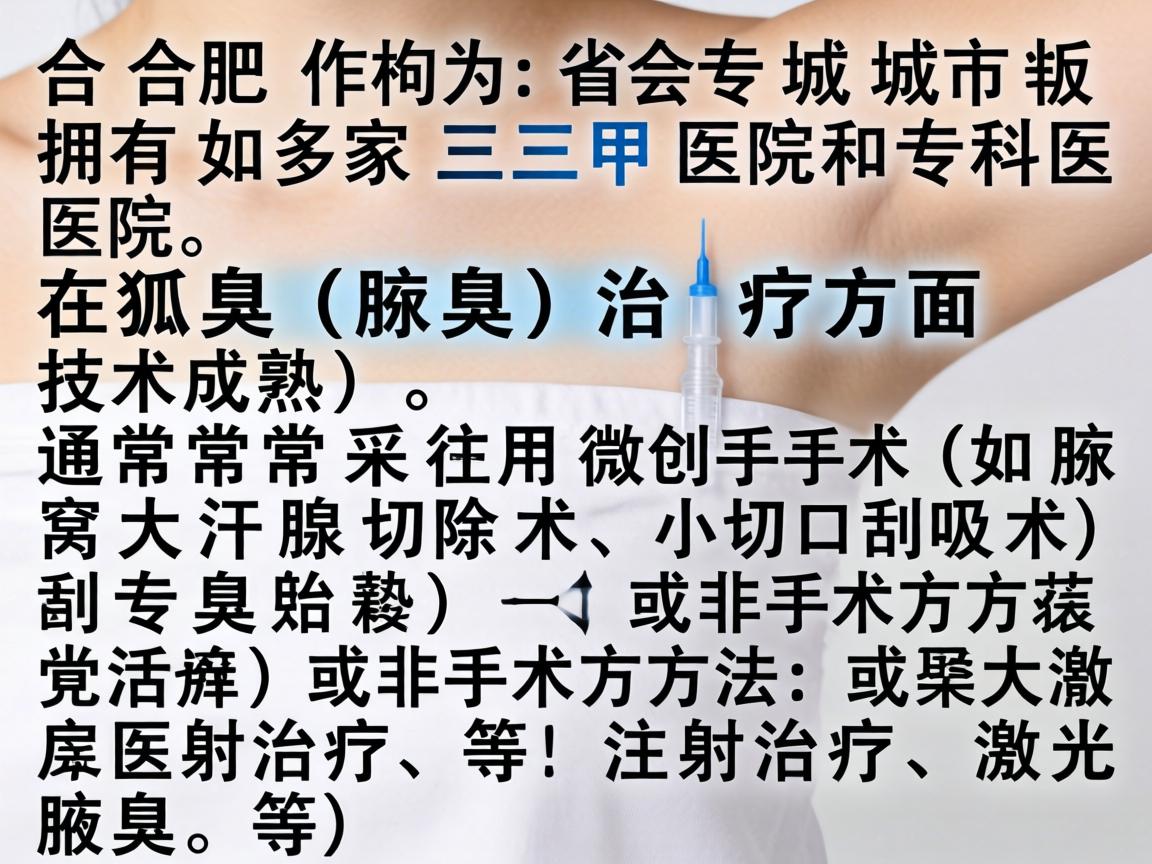 合肥作为省会城市,拥有多家三甲医院和专科医院,在狐臭(腋臭)治疗方面技术成熟,通常采用微创手术(如腋窝大汗腺切除术、小切口刮吸术)或非手术方法(如注射治疗、激光治疗等) 合肥作为省会城市,拥有多家三甲医院和专科医院,在狐臭(腋臭)治疗方面技术成熟,通常采用微创手术(如腋窝大汗腺切除术、小切口刮吸术)或非手术方法(如注射治疗、激光治疗等)