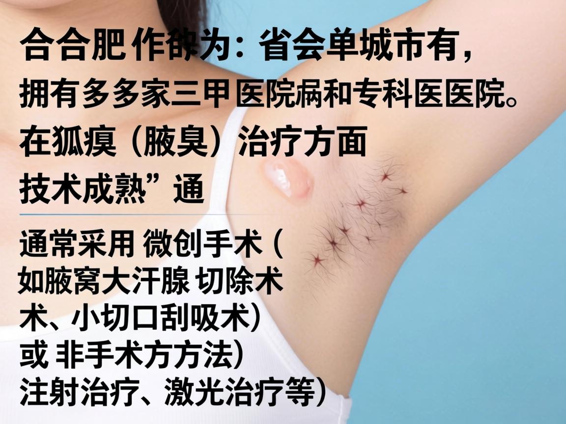 合肥作为省会城市,拥有多家三甲医院和专科医院,在狐臭(腋臭)治疗方面技术成熟,通常采用微创手术(如腋窝大汗腺切除术、小切口刮吸术)或非手术方法(如注射治疗、激光治疗等) 合肥作为省会城市,拥有多家三甲医院和专科医院,在狐臭(腋臭)治疗方面技术成熟,通常采用微创手术(如腋窝大汗腺切除术、小切口刮吸术)或非手术方法(如注射治疗、激光治疗等)