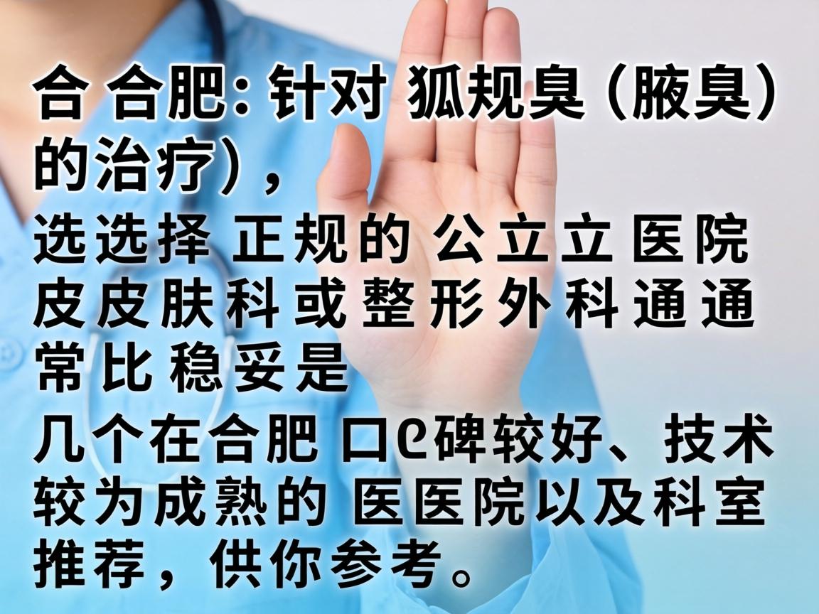 在合肥,针对狐臭(腋臭)的治疗,选择正规的公立医院皮肤科或整形外科通常比较稳妥。以下是几个在合肥口碑较好、技术较为成熟的医院及科室推荐,供你参考 在合肥,针对狐臭(腋臭)的治疗,选择正规的公立医院皮肤科或整形外科通常比较稳妥。以下是几个在合肥口碑较好、技术较为成熟的医院及科室推荐,供你参考