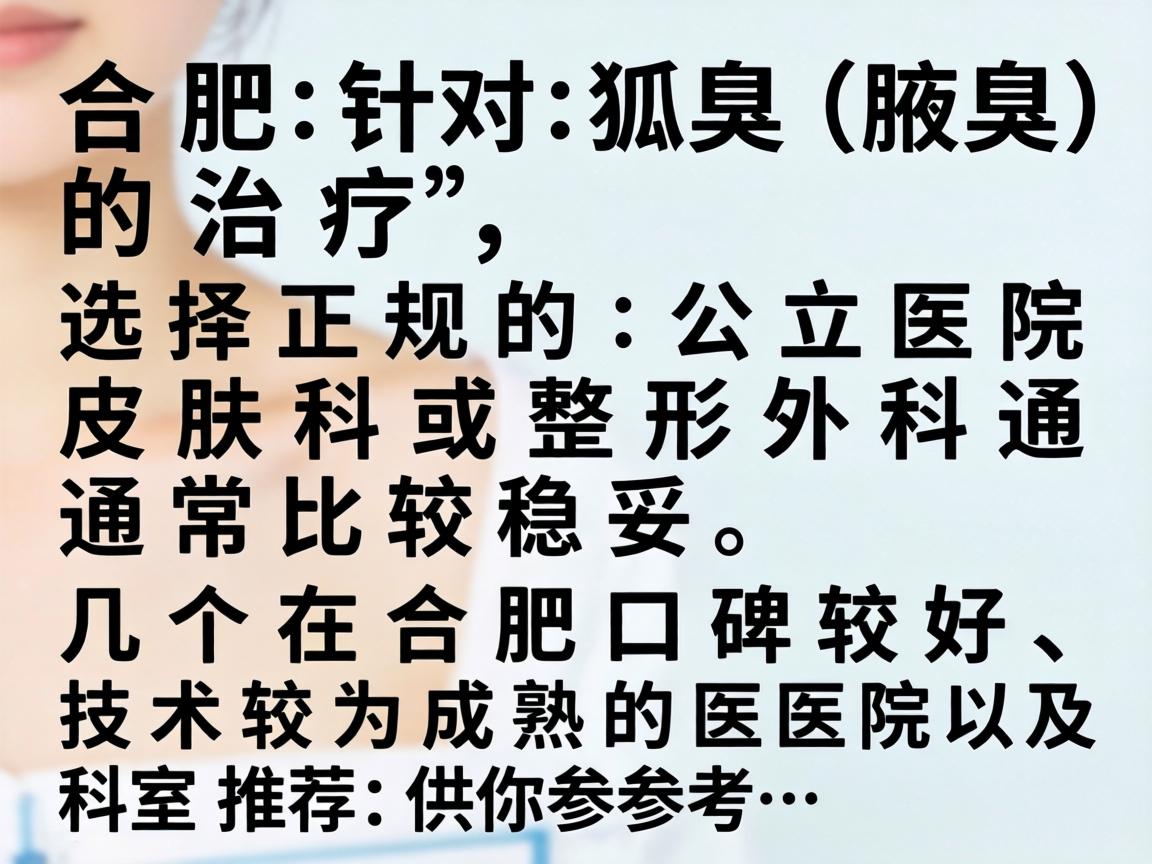 在合肥,针对狐臭(腋臭)的治疗,选择正规的公立医院皮肤科或整形外科通常比较稳妥。以下是几个在合肥口碑较好、技术较为成熟的医院及科室推荐,供你参考 在合肥,针对狐臭(腋臭)的治疗,选择正规的公立医院皮肤科或整形外科通常比较稳妥。以下是几个在合肥口碑较好、技术较为成熟的医院及科室推荐,供你参考