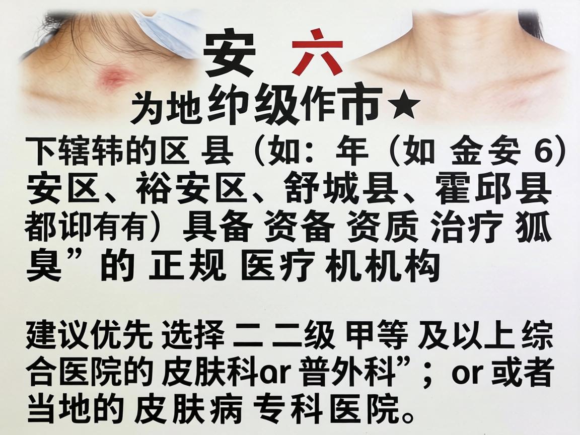 六安作为地级市,其下辖的区县(如金安区、裕安区、舒城县、霍邱县等)都有具备资质治疗狐臭的正规医疗机构。建议优先选择二级甲等及以上综合医院的皮肤科或普外科,或者当地的皮肤病专科医院 六安作为地级市,其下辖的区县(如金安区、裕安区、舒城县、霍邱县等)都有具备资质治疗狐臭的正规医疗机构。建议优先选择二级甲等及以上综合医院的皮肤科或普外科,或者当地的皮肤病专科医院