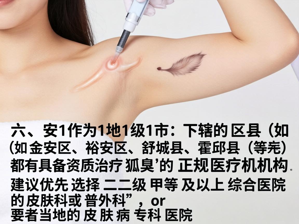 六安作为地级市,其下辖的区县(如金安区、裕安区、舒城县、霍邱县等)都有具备资质治疗狐臭的正规医疗机构。建议优先选择二级甲等及以上综合医院的皮肤科或普外科,或者当地的皮肤病专科医院 六安作为地级市,其下辖的区县(如金安区、裕安区、舒城县、霍邱县等)都有具备资质治疗狐臭的正规医疗机构。建议优先选择二级甲等及以上综合医院的皮肤科或普外科,或者当地的皮肤病专科医院