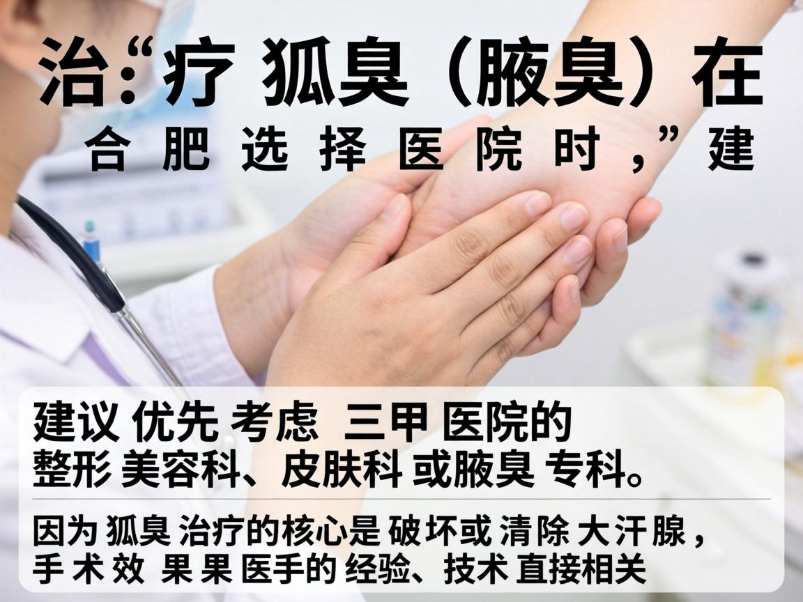 治疗狐臭(腋臭)在合肥选择医院时,建议优先考虑三甲医院的整形美容科、皮肤科或腋臭专科。因为狐臭治疗的核心是破坏或清除大汗腺,手术效果和医生的经验、技术直接相关 治疗狐臭(腋臭)在合肥选择医院时,建议优先考虑三甲医院的整形美容科、皮肤科或腋臭专科。因为狐臭治疗的核心是破坏或清除大汗腺,手术效果和医生的经验、技术直接相关