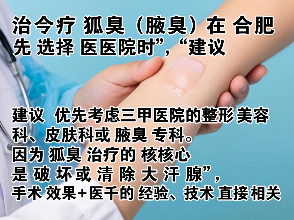 治疗狐臭(腋臭)在合肥选择医院时,建议优先考虑三甲医院的整形美容科、皮肤科或腋臭专科。因为狐臭治疗的核心是破坏或清除大汗腺,手术效果和医生的经验、技术直接相关 治疗狐臭(腋臭)在合肥选择医院时,建议优先考虑三甲医院的整形美容科、皮肤科或腋臭专科。因为狐臭治疗的核心是破坏或清除大汗腺,手术效果和医生的经验、技术直接相关