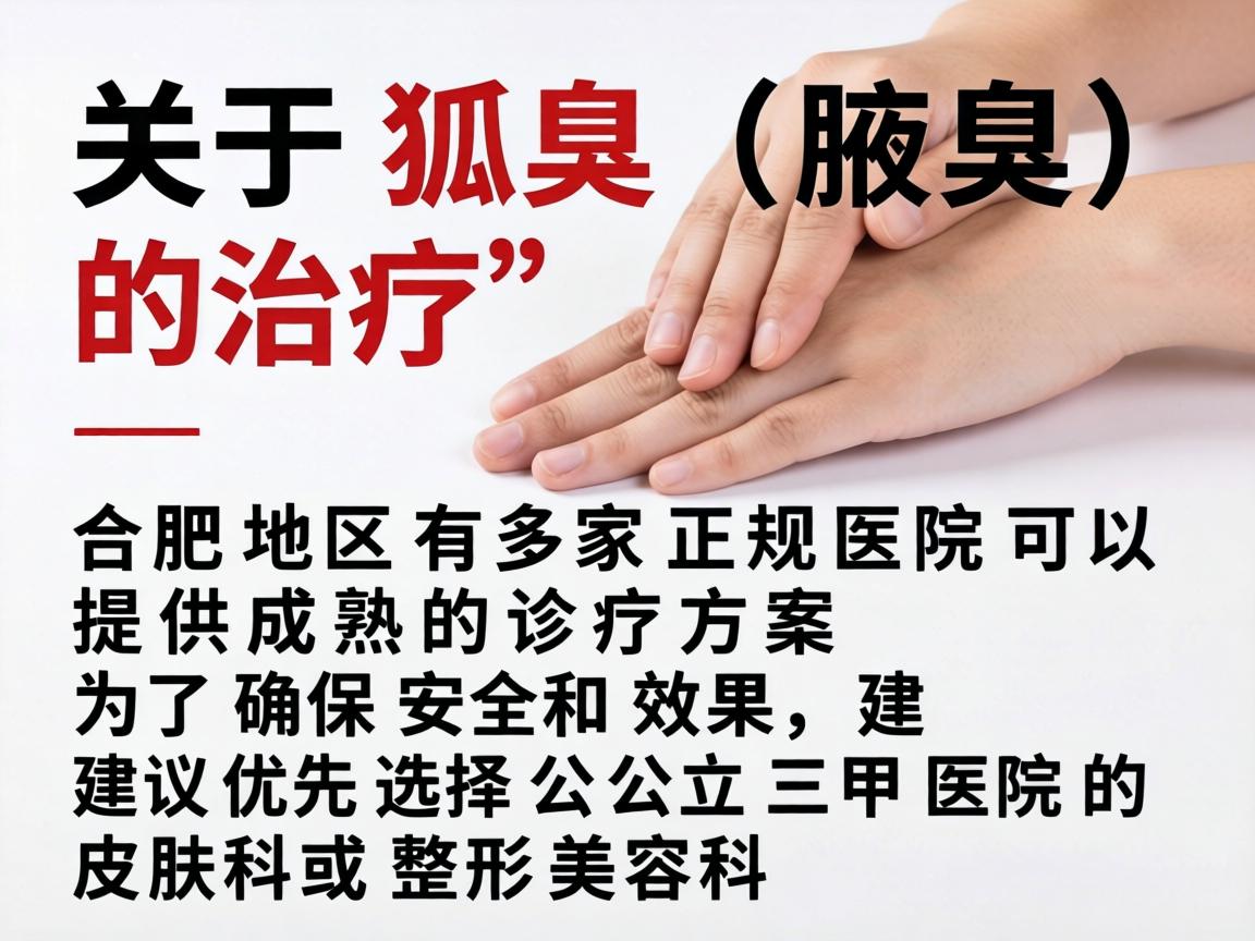 关于狐臭(腋臭)的治疗,合肥地区有多家正规医院可以提供成熟的诊疗方案。为了确保安全和效果,建议优先选择公立三甲医院的皮肤科或整形美容科 关于狐臭(腋臭)的治疗,合肥地区有多家正规医院可以提供成熟的诊疗方案。为了确保安全和效果,建议优先选择公立三甲医院的皮肤科或整形美容科