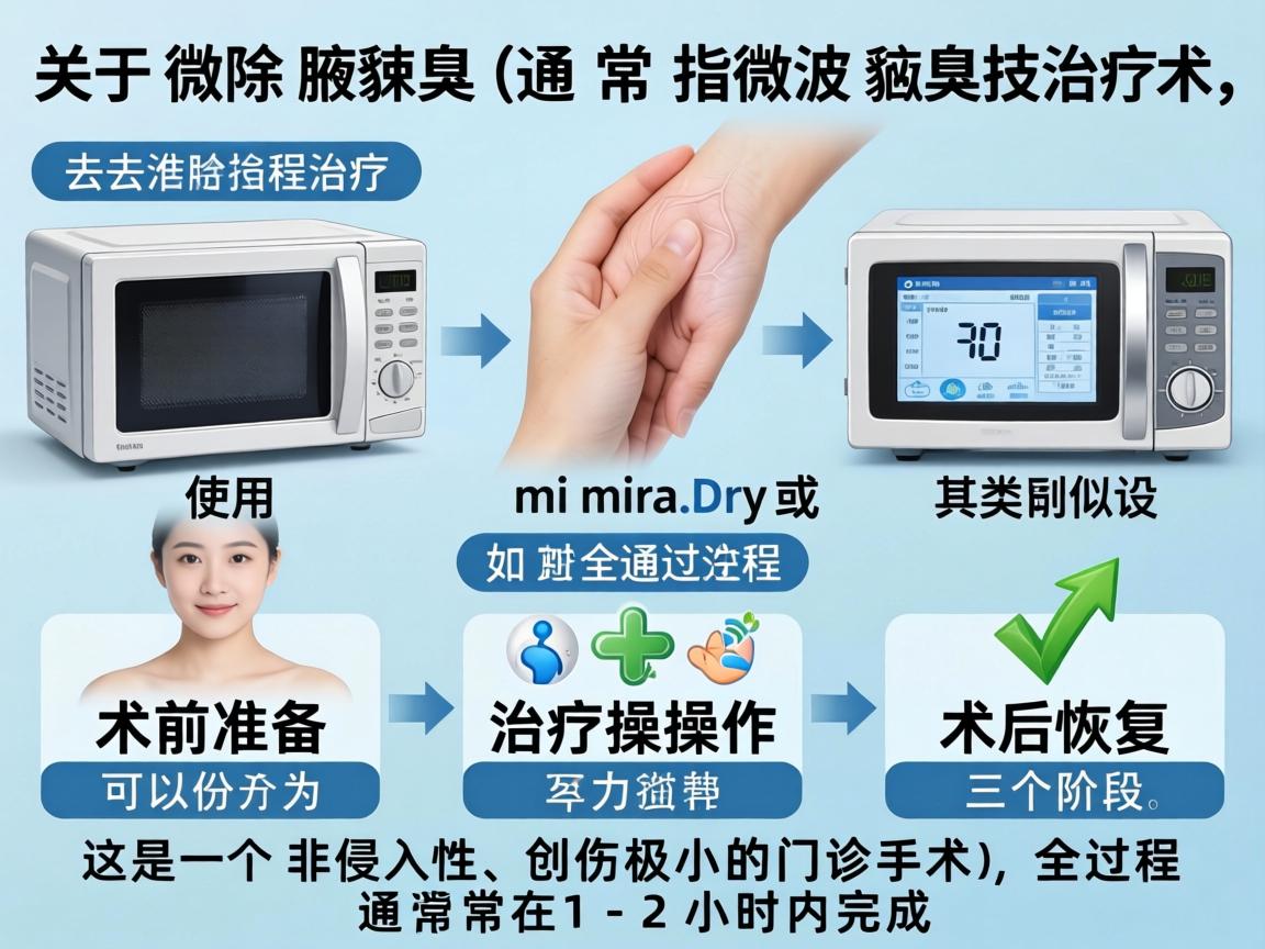 关于微波技术去除腋臭(通常指微波腋臭治疗,如使用miraDry或类似设备)其全过程可以分为术前准备、治疗操作、术后恢复三个阶段。这是一个非侵入性、创伤极小的门诊手术,全过程通常在1-2小时内完成 关于微波技术去除腋臭(通常指微波腋臭治疗,如使用miraDry或类似设备)其全过程可以分为术前准备、治疗操作、术后恢复三个阶段。这是一个非侵入性、创伤极小的门诊手术,全过程通常在1-2小时内完成