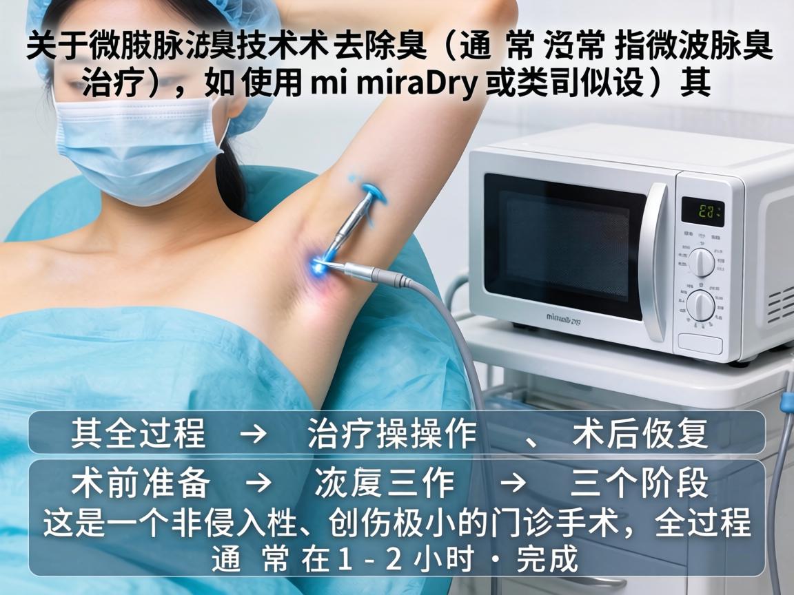 关于微波技术去除腋臭(通常指微波腋臭治疗,如使用miraDry或类似设备)其全过程可以分为术前准备、治疗操作、术后恢复三个阶段。这是一个非侵入性、创伤极小的门诊手术,全过程通常在1-2小时内完成 关于微波技术去除腋臭(通常指微波腋臭治疗,如使用miraDry或类似设备)其全过程可以分为术前准备、治疗操作、术后恢复三个阶段。这是一个非侵入性、创伤极小的门诊手术,全过程通常在1-2小时内完成