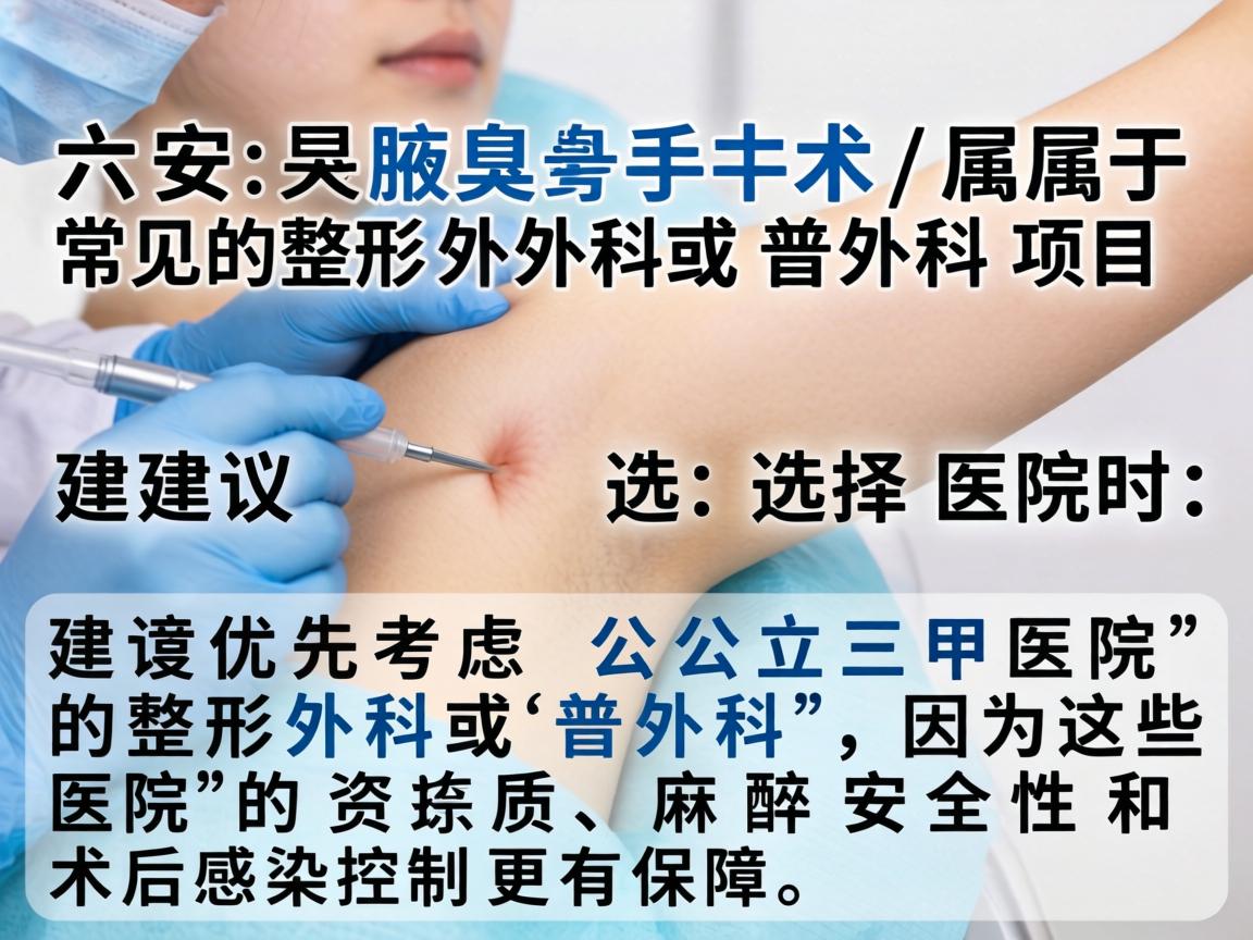 在六安,腋臭手术属于常见的整形外科或普外科项目。选择医院时,建议优先考虑公立三甲医院的整形外科或普外科,因为这些医院的资质、麻醉安全性和术后感染控制更有保障 在六安,腋臭手术属于常见的整形外科或普外科项目。选择医院时,建议优先考虑公立三甲医院的整形外科或普外科,因为这些医院的资质、麻醉安全性和术后感染控制更有保障