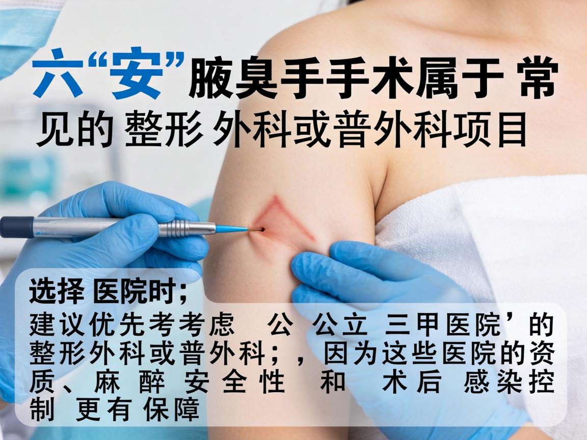 在六安,腋臭手术属于常见的整形外科或普外科项目。选择医院时,建议优先考虑公立三甲医院的整形外科或普外科,因为这些医院的资质、麻醉安全性和术后感染控制更有保障 在六安,腋臭手术属于常见的整形外科或普外科项目。选择医院时,建议优先考虑公立三甲医院的整形外科或普外科,因为这些医院的资质、麻醉安全性和术后感染控制更有保障