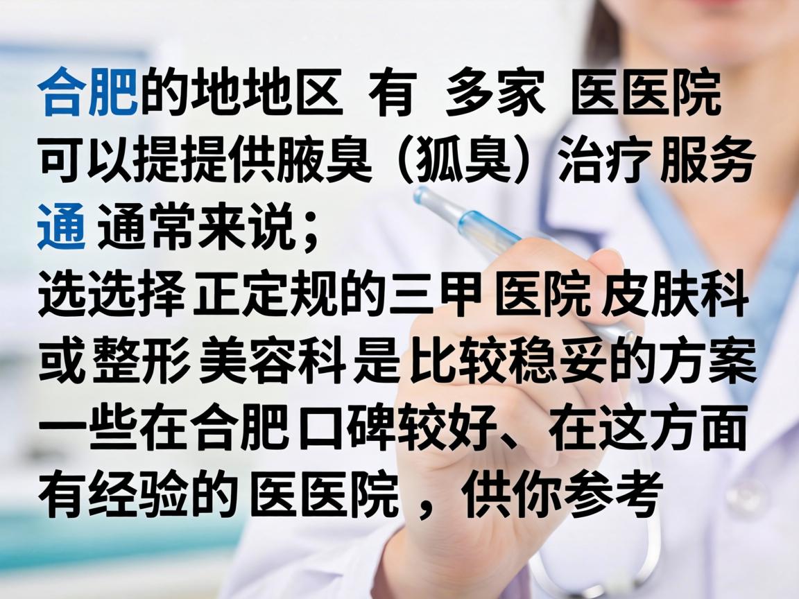 合肥地区有多家医院可以提供腋臭（狐臭）治疗服务。通常来说，选择正规的三甲医院皮肤科或整形美容科是比较稳妥的方案。以下是一些在合肥口碑较好、在这方面有经验的医院，供你参考
