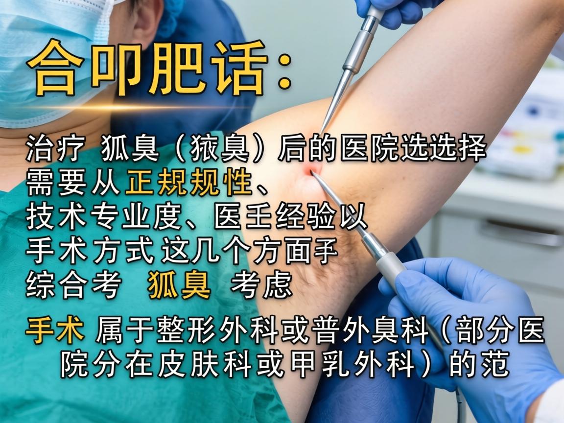 在合肥，治疗狐臭（腋臭）的医院选择需要从正规性、技术专业度、医生经验以及手术方式这几个方面综合考虑。狐臭手术属于整形外科或普外科（部分医院分在皮肤科或甲乳外科）的范畴