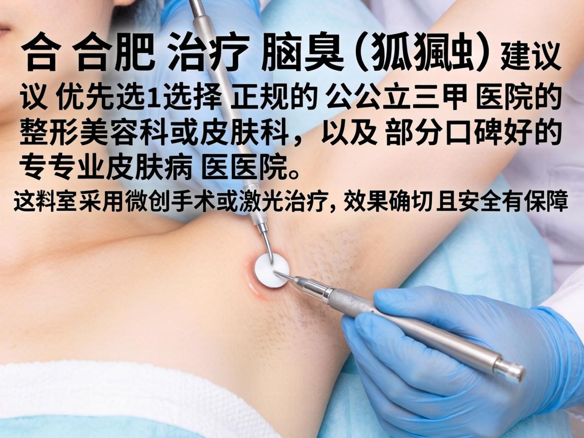 在合肥治疗腋臭(狐臭)建议优先选择正规的公立三甲医院的整形美容科或皮肤科,以及部分口碑好的专业皮肤病医院。这类科室通常采用微创手术或激光治疗,效果确切且安全有保障 在合肥治疗腋臭(狐臭)建议优先选择正规的公立三甲医院的整形美容科或皮肤科,以及部分口碑好的专业皮肤病医院。这类科室通常采用微创手术或激光治疗,效果确切且安全有保障