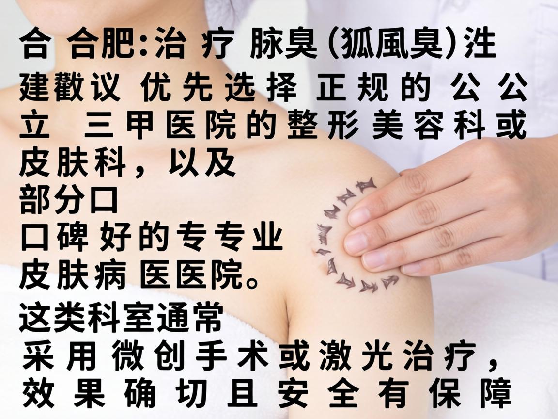 在合肥治疗腋臭(狐臭)建议优先选择正规的公立三甲医院的整形美容科或皮肤科,以及部分口碑好的专业皮肤病医院。这类科室通常采用微创手术或激光治疗,效果确切且安全有保障 在合肥治疗腋臭(狐臭)建议优先选择正规的公立三甲医院的整形美容科或皮肤科,以及部分口碑好的专业皮肤病医院。这类科室通常采用微创手术或激光治疗,效果确切且安全有保障
