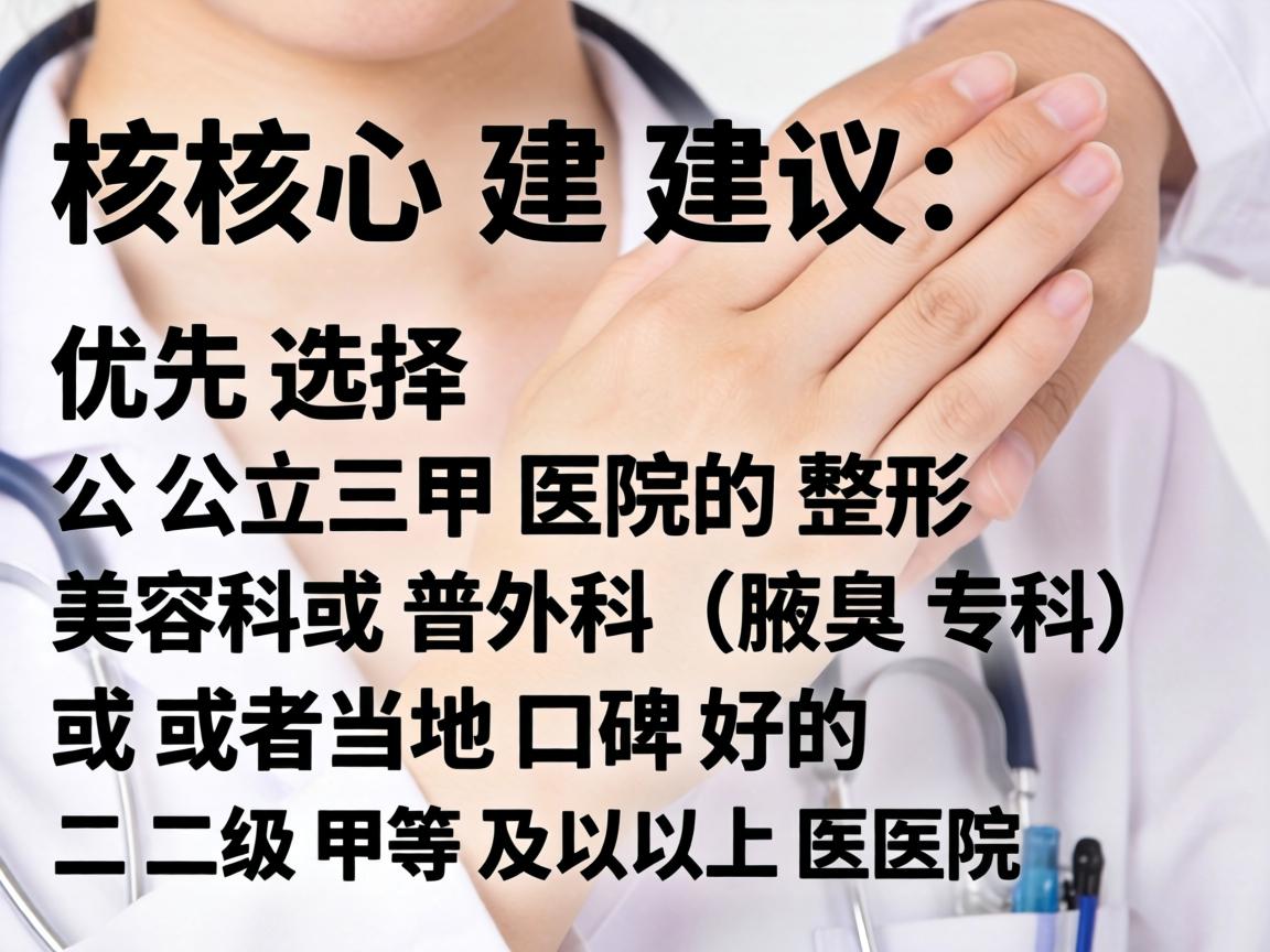 核心建议，优先选择公立三甲医院的整形美容科或普外科（腋臭专科）或者当地口碑好的二级甲等及以上医院