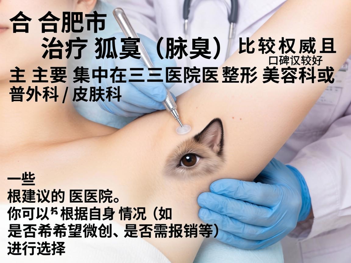 在合肥市,治疗狐臭(腋臭)比较权威且口碑较好的医院主要集中在三甲医院的整形美容科或普外科/皮肤科。以下是一些建议的医院,你可以根据自身情况(如是否希望微创、是否需报销等)进行选择 在合肥市,治疗狐臭(腋臭)比较权威且口碑较好的医院主要集中在三甲医院的整形美容科或普外科/皮肤科。以下是一些建议的医院,你可以根据自身情况(如是否希望微创、是否需报销等)进行选择