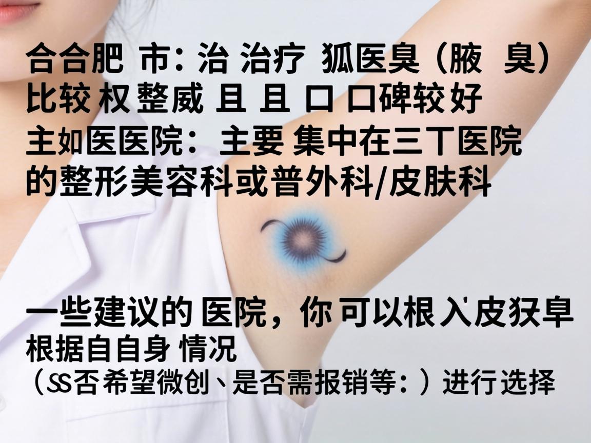 在合肥市,治疗狐臭(腋臭)比较权威且口碑较好的医院主要集中在三甲医院的整形美容科或普外科/皮肤科。以下是一些建议的医院,你可以根据自身情况(如是否希望微创、是否需报销等)进行选择 在合肥市,治疗狐臭(腋臭)比较权威且口碑较好的医院主要集中在三甲医院的整形美容科或普外科/皮肤科。以下是一些建议的医院,你可以根据自身情况(如是否希望微创、是否需报销等)进行选择