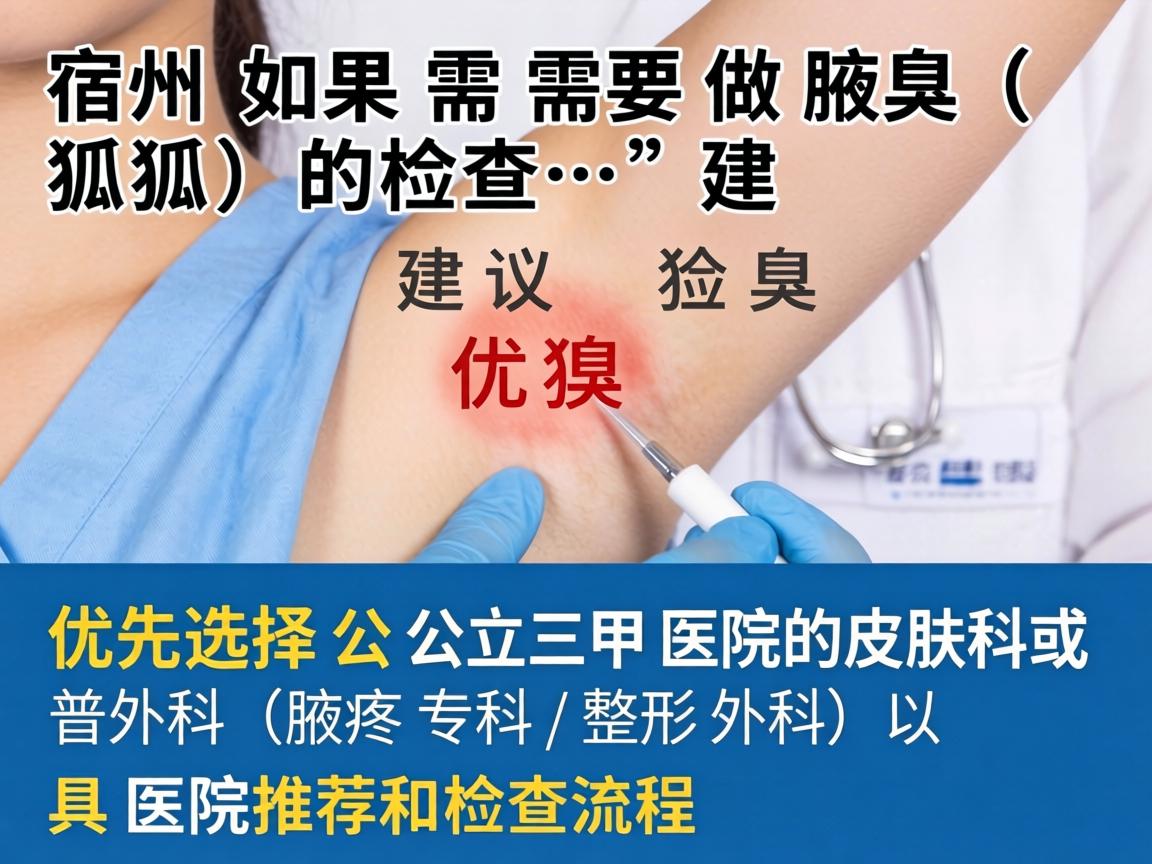在宿州,如果需要做腋臭(狐臭)的检查,建议优先选择公立三甲医院的皮肤科或普外科(腋臭专科/整形外科)以下是具体的医院推荐和检查流程 在宿州,如果需要做腋臭(狐臭)的检查,建议优先选择公立三甲医院的皮肤科或普外科(腋臭专科/整形外科)以下是具体的医院推荐和检查流程
