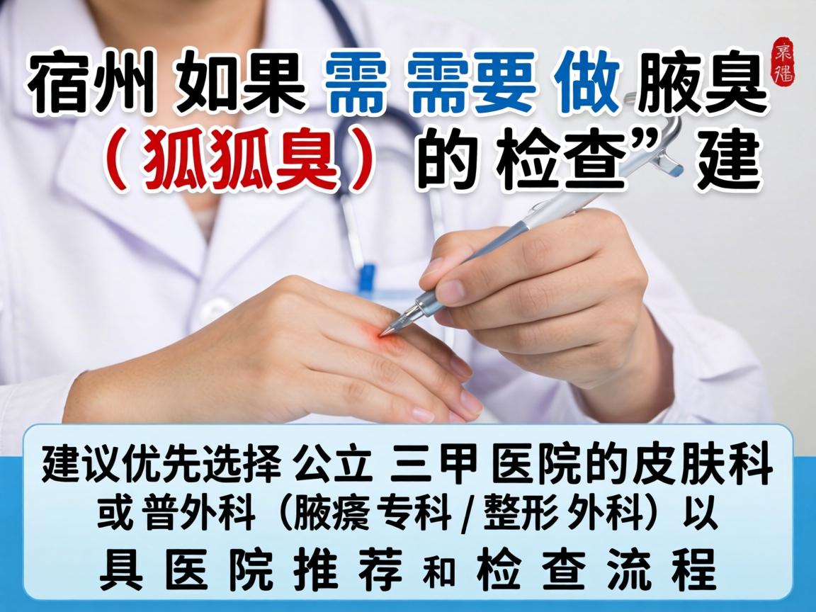 在宿州,如果需要做腋臭(狐臭)的检查,建议优先选择公立三甲医院的皮肤科或普外科(腋臭专科/整形外科)以下是具体的医院推荐和检查流程 在宿州,如果需要做腋臭(狐臭)的检查,建议优先选择公立三甲医院的皮肤科或普外科(腋臭专科/整形外科)以下是具体的医院推荐和检查流程