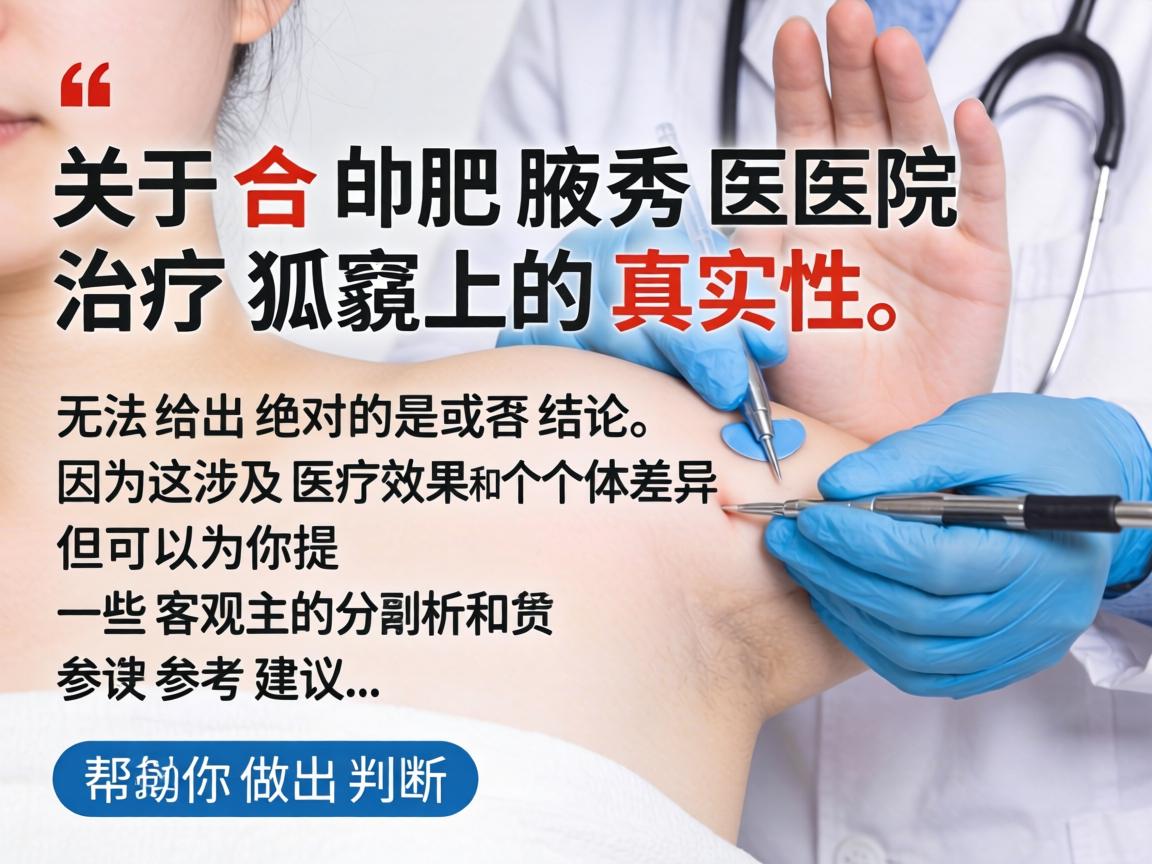 关于合肥腋秀医院治疗狐臭的真实性,无法给出绝对的是或否的结论,因为这涉及医疗效果和个体差异。但可以为你提供一些客观的分析和参考建议,帮助你做出判断 关于合肥腋秀医院治疗狐臭的真实性,无法给出绝对的是或否的结论,因为这涉及医疗效果和个体差异。但可以为你提供一些客观的分析和参考建议,帮助你做出判断