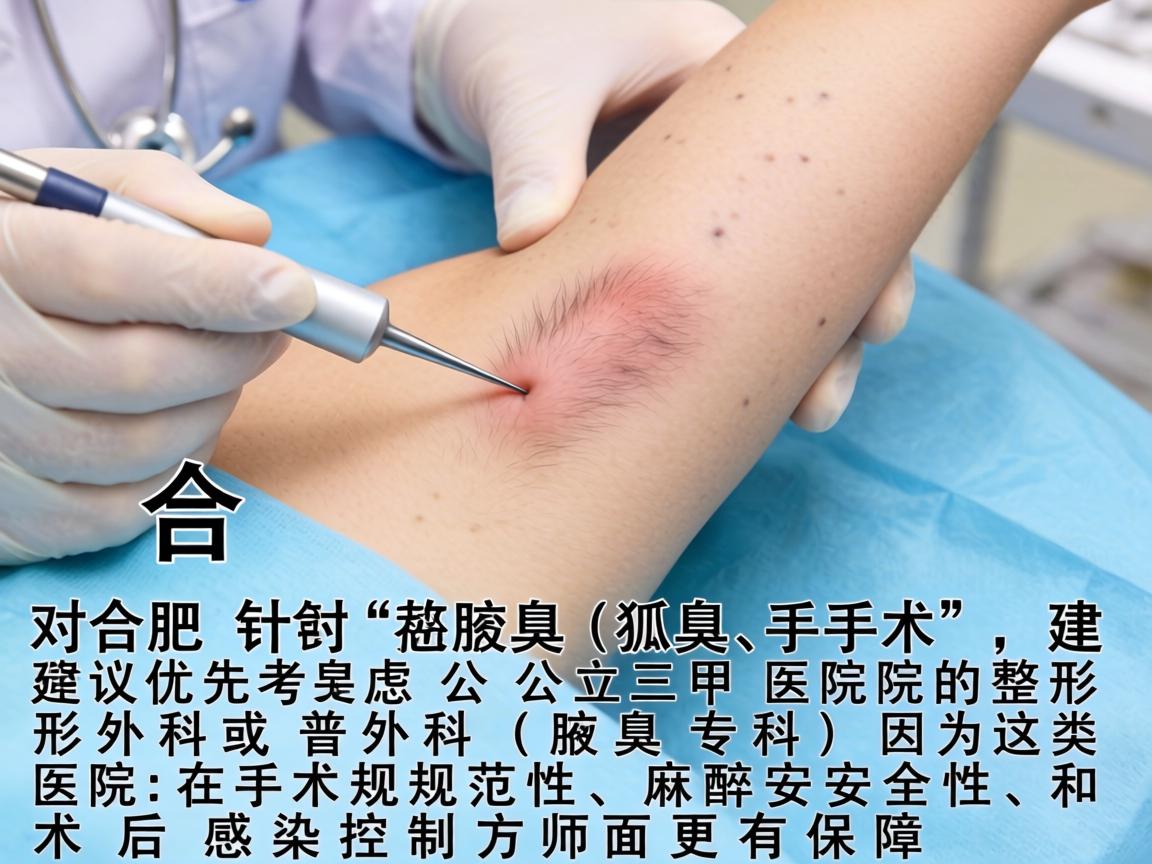 在合肥,针对狐臭(腋臭)手术,建议优先考虑公立三甲医院的整形外科或普外科(腋臭专科)因为这类医院在手术规范性、麻醉安全性和术后感染控制方面更有保障 在合肥,针对狐臭(腋臭)手术,建议优先考虑公立三甲医院的整形外科或普外科(腋臭专科)因为这类医院在手术规范性、麻醉安全性和术后感染控制方面更有保障