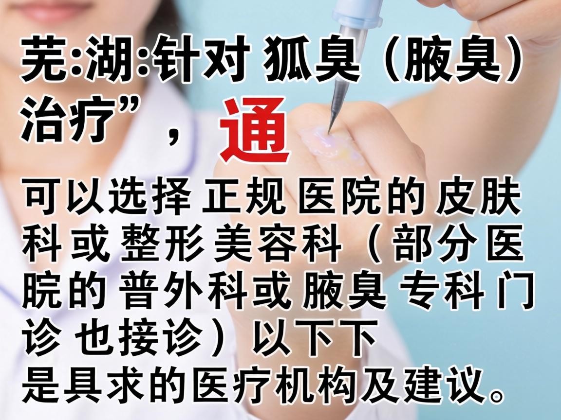 在芜湖,针对狐臭(腋臭)的治疗,通常可以选择正规医院的皮肤科或整形美容科(部分医院的普外科或腋臭专科门诊也接诊)以下是具体的医疗机构及建议 在芜湖,针对狐臭(腋臭)的治疗,通常可以选择正规医院的皮肤科或整形美容科(部分医院的普外科或腋臭专科门诊也接诊)以下是具体的医疗机构及建议