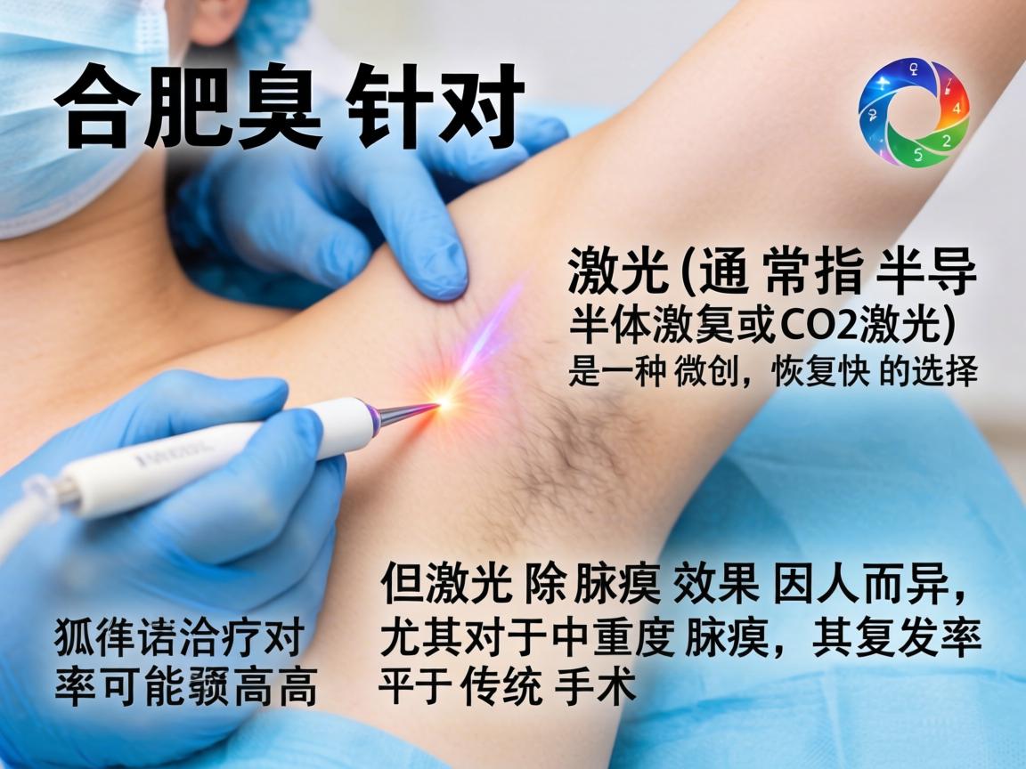 在合肥,针对腋臭(狐臭)的治疗,激光(通常指半导体激光或CO2激光)是一种微创、恢复快的选择,但激光除腋臭效果因人而异,尤其对于中重度腋臭,其复发率可能高于传统手术 在合肥,针对腋臭(狐臭)的治疗,激光(通常指半导体激光或CO2激光)是一种微创、恢复快的选择,但激光除腋臭效果因人而异,尤其对于中重度腋臭,其复发率可能高于传统手术
