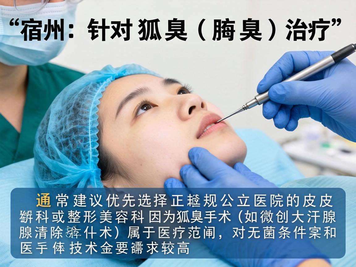 在宿州,针对狐臭(腋臭)的治疗,通常建议优先选择正规公立医院的皮肤科或整形美容科。因为狐臭手术(如微创大汗腺清除术)属于医疗范畴,对无菌条件和医生技术要求较高 在宿州,针对狐臭(腋臭)的治疗,通常建议优先选择正规公立医院的皮肤科或整形美容科。因为狐臭手术(如微创大汗腺清除术)属于医疗范畴,对无菌条件和医生技术要求较高