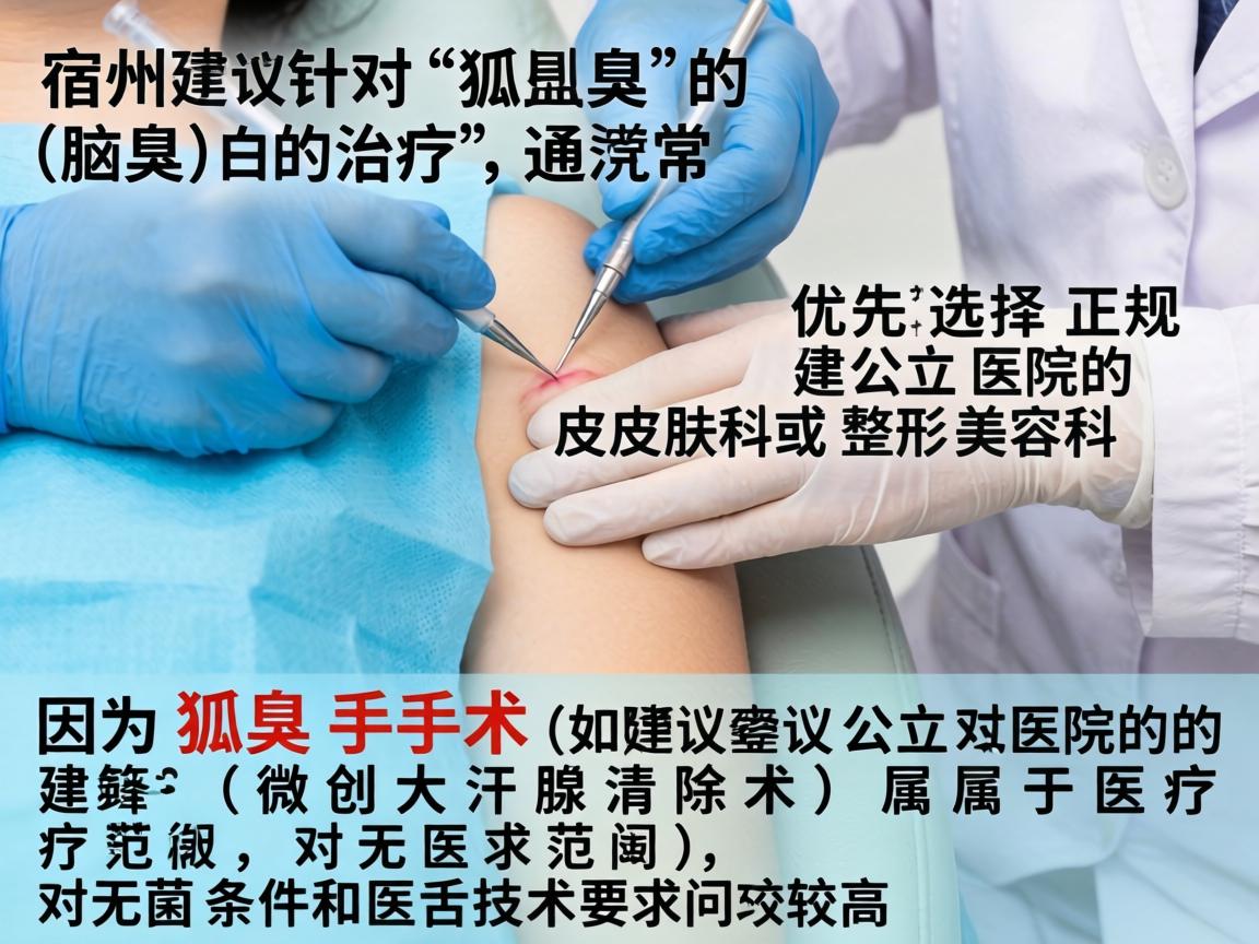 在宿州,针对狐臭(腋臭)的治疗,通常建议优先选择正规公立医院的皮肤科或整形美容科。因为狐臭手术(如微创大汗腺清除术)属于医疗范畴,对无菌条件和医生技术要求较高 在宿州,针对狐臭(腋臭)的治疗,通常建议优先选择正规公立医院的皮肤科或整形美容科。因为狐臭手术(如微创大汗腺清除术)属于医疗范畴,对无菌条件和医生技术要求较高