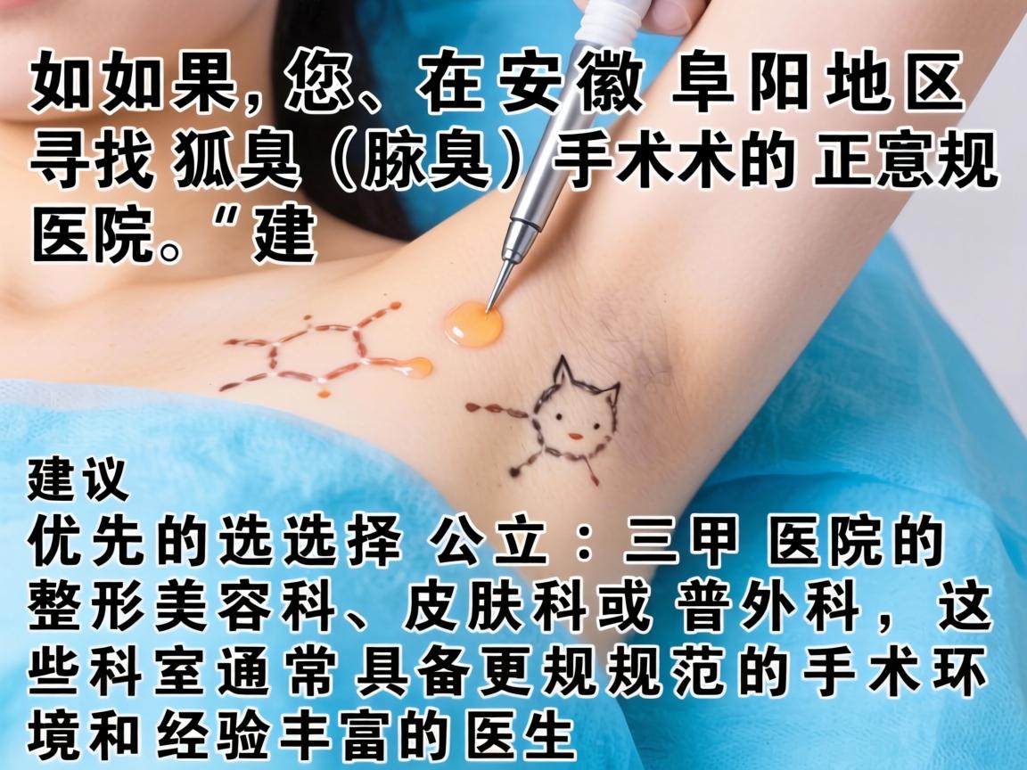 如果您在安徽阜阳地区寻找狐臭(腋臭)手术的正规医院,建议优先选择公立三甲医院的整形美容科、皮肤科或普外科,这些科室通常具备更规范的手术环境和经验丰富的医生 如果您在安徽阜阳地区寻找狐臭(腋臭)手术的正规医院,建议优先选择公立三甲医院的整形美容科、皮肤科或普外科,这些科室通常具备更规范的手术环境和经验丰富的医生