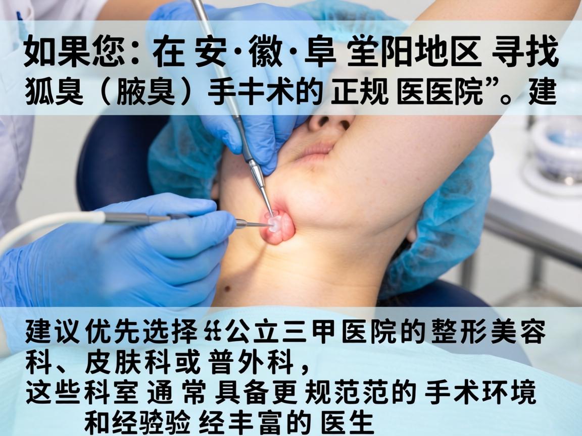 如果您在安徽阜阳地区寻找狐臭(腋臭)手术的正规医院,建议优先选择公立三甲医院的整形美容科、皮肤科或普外科,这些科室通常具备更规范的手术环境和经验丰富的医生 如果您在安徽阜阳地区寻找狐臭(腋臭)手术的正规医院,建议优先选择公立三甲医院的整形美容科、皮肤科或普外科,这些科室通常具备更规范的手术环境和经验丰富的医生
