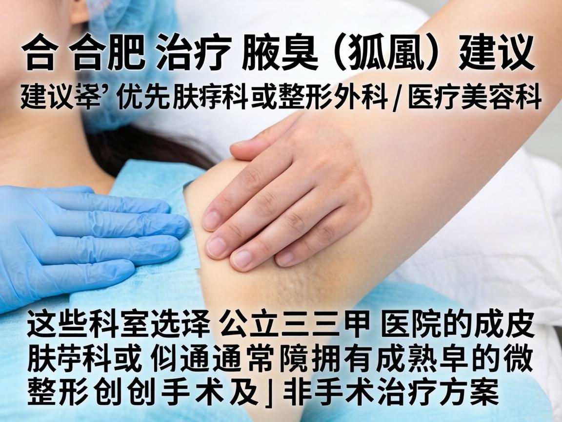 在合肥,治疗腋臭(狐臭)建议优先选择公立三甲医院的皮肤科或整形外科/医疗美容科。这些科室通常拥有成熟的微创手术及非手术治疗方案 在合肥,治疗腋臭(狐臭)建议优先选择公立三甲医院的皮肤科或整形外科/医疗美容科。这些科室通常拥有成熟的微创手术及非手术治疗方案