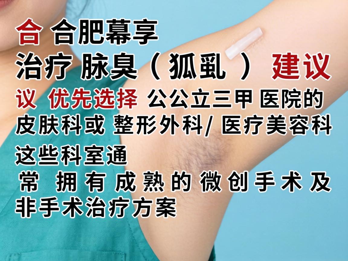 在合肥,治疗腋臭(狐臭)建议优先选择公立三甲医院的皮肤科或整形外科/医疗美容科。这些科室通常拥有成熟的微创手术及非手术治疗方案 在合肥,治疗腋臭(狐臭)建议优先选择公立三甲医院的皮肤科或整形外科/医疗美容科。这些科室通常拥有成熟的微创手术及非手术治疗方案