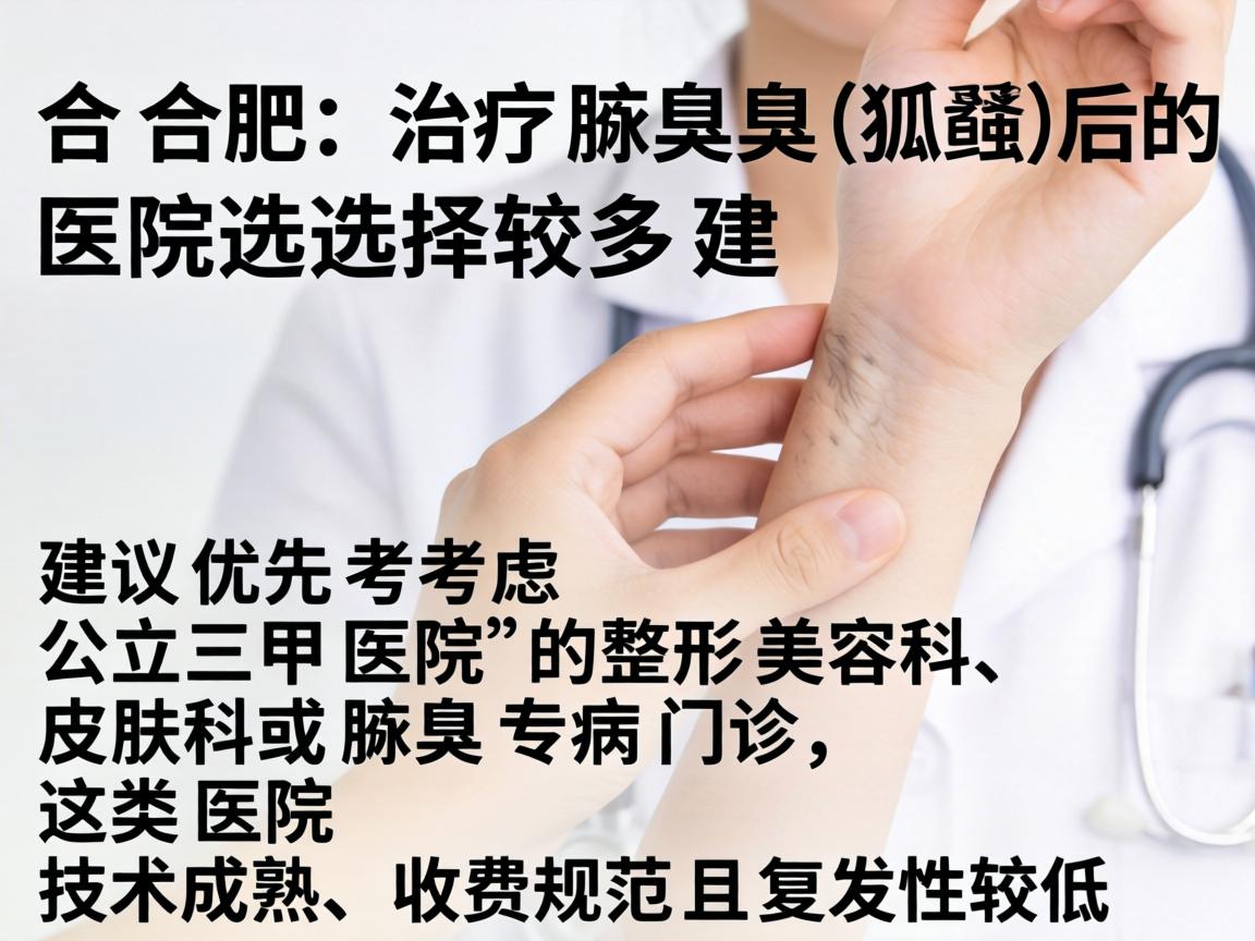 在合肥，治疗腋臭（狐臭）的医院选择较多，建议优先考虑公立三甲医院的整形美容科、皮肤科或腋臭专病门诊，这类医院技术成熟、收费规范且复发性较低