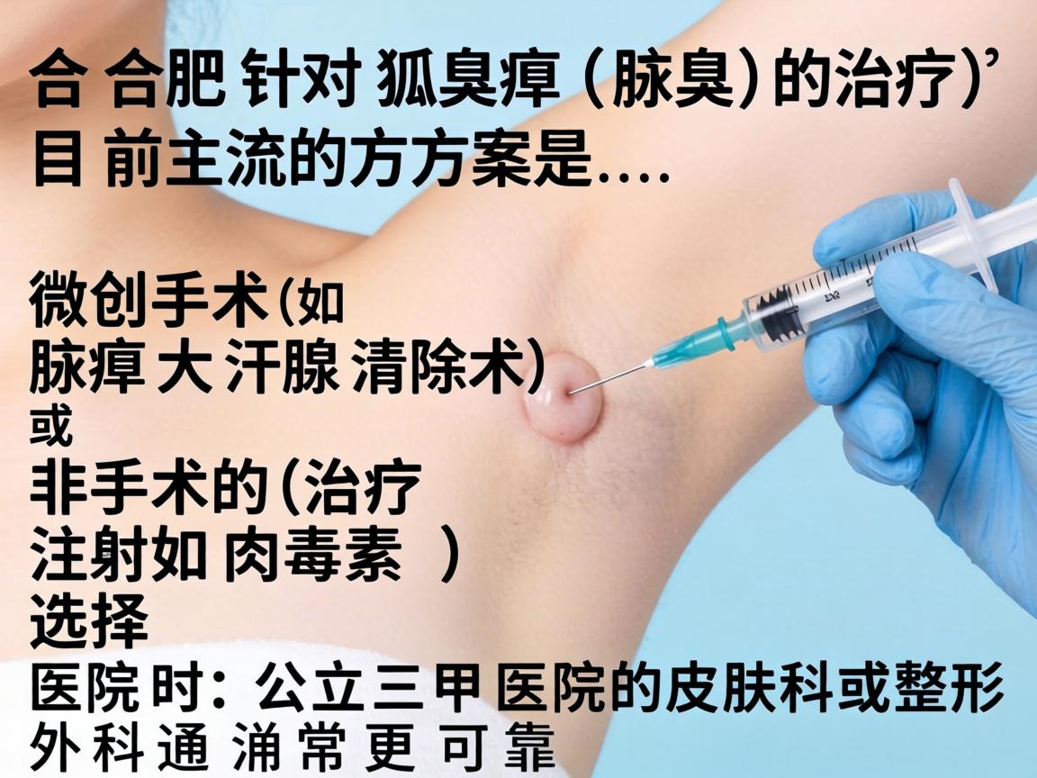 在合肥，针对狐臭（腋臭）的治疗，目前主流的方案是微创手术（如腋臭大汗腺清除术）或非手术的注射治疗（如肉毒素）选择医院时，公立三甲医院的皮肤科或整形外科通常更可靠