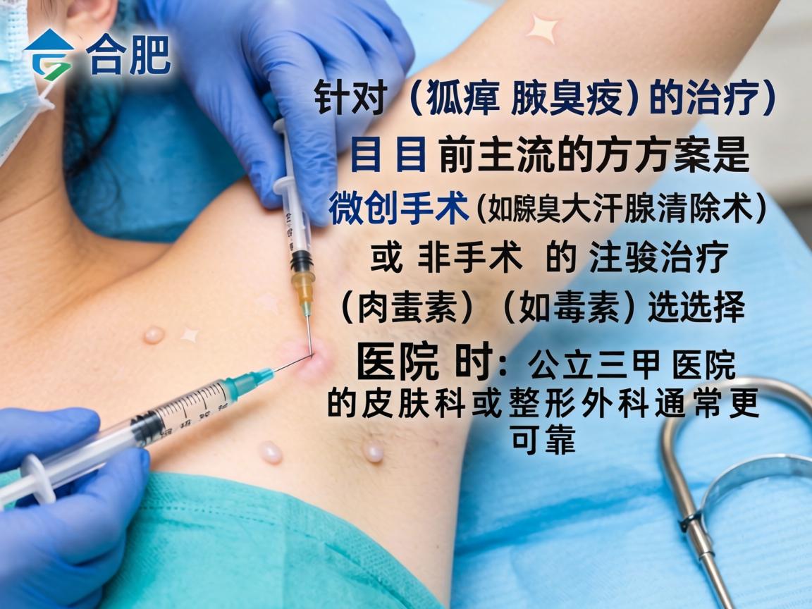在合肥，针对狐臭（腋臭）的治疗，目前主流的方案是微创手术（如腋臭大汗腺清除术）或非手术的注射治疗（如肉毒素）选择医院时，公立三甲医院的皮肤科或整形外科通常更可靠