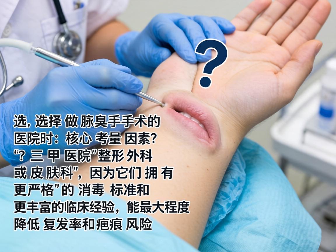 这是一个非常具体且重要的问题。在选择做腋臭手术的医院时，核心考量因素是三甲医院的整形外科或皮肤科，因为它们拥有更严格的消毒标准和更丰富的临床经验，能最大程度降低复发率和疤痕风险
