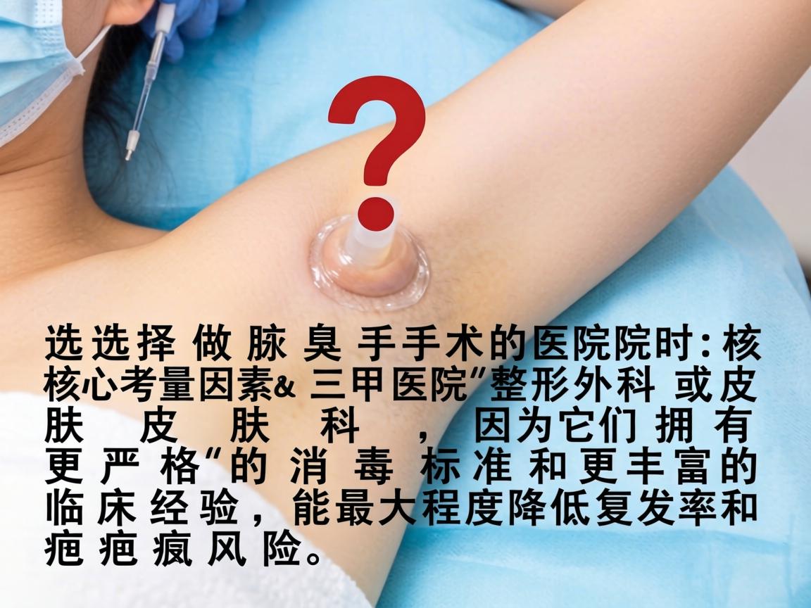 这是一个非常具体且重要的问题。在选择做腋臭手术的医院时，核心考量因素是三甲医院的整形外科或皮肤科，因为它们拥有更严格的消毒标准和更丰富的临床经验，能最大程度降低复发率和疤痕风险