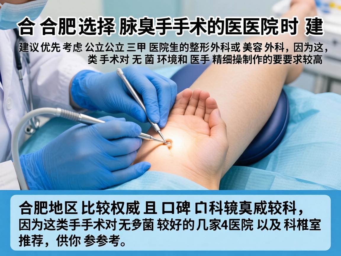 在合肥，选择腋臭手术的医院时，建议优先考虑公立三甲医院的整形外科或美容外科，因为这类手术对无菌环境和医生精细操作的要求较高。以下是合肥地区比较权威且口碑较好的几家医院及科室推荐，供你参考