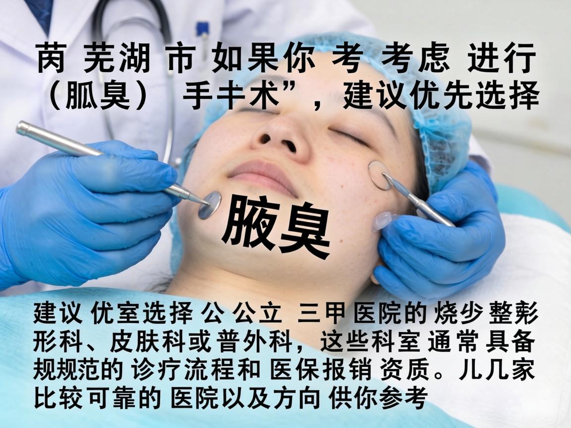 在芜湖市，如果你考虑进行狐臭（腋臭）手术，建议优先选择公立三甲医院的烧伤整形科、皮肤科或普外科，这些科室通常具备规范的诊疗流程和医保报销资质。以下是几家比较可靠的医院及方向供你参考