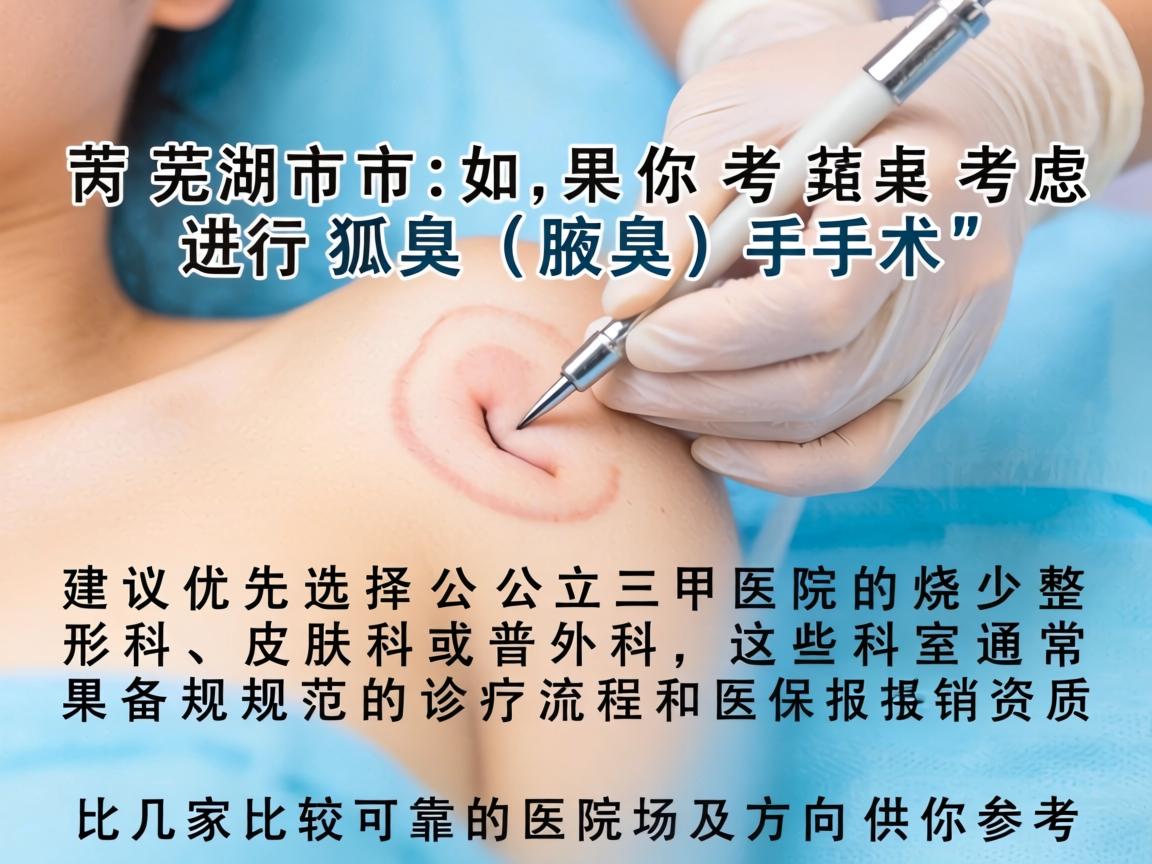 在芜湖市，如果你考虑进行狐臭（腋臭）手术，建议优先选择公立三甲医院的烧伤整形科、皮肤科或普外科，这些科室通常具备规范的诊疗流程和医保报销资质。以下是几家比较可靠的医院及方向供你参考
