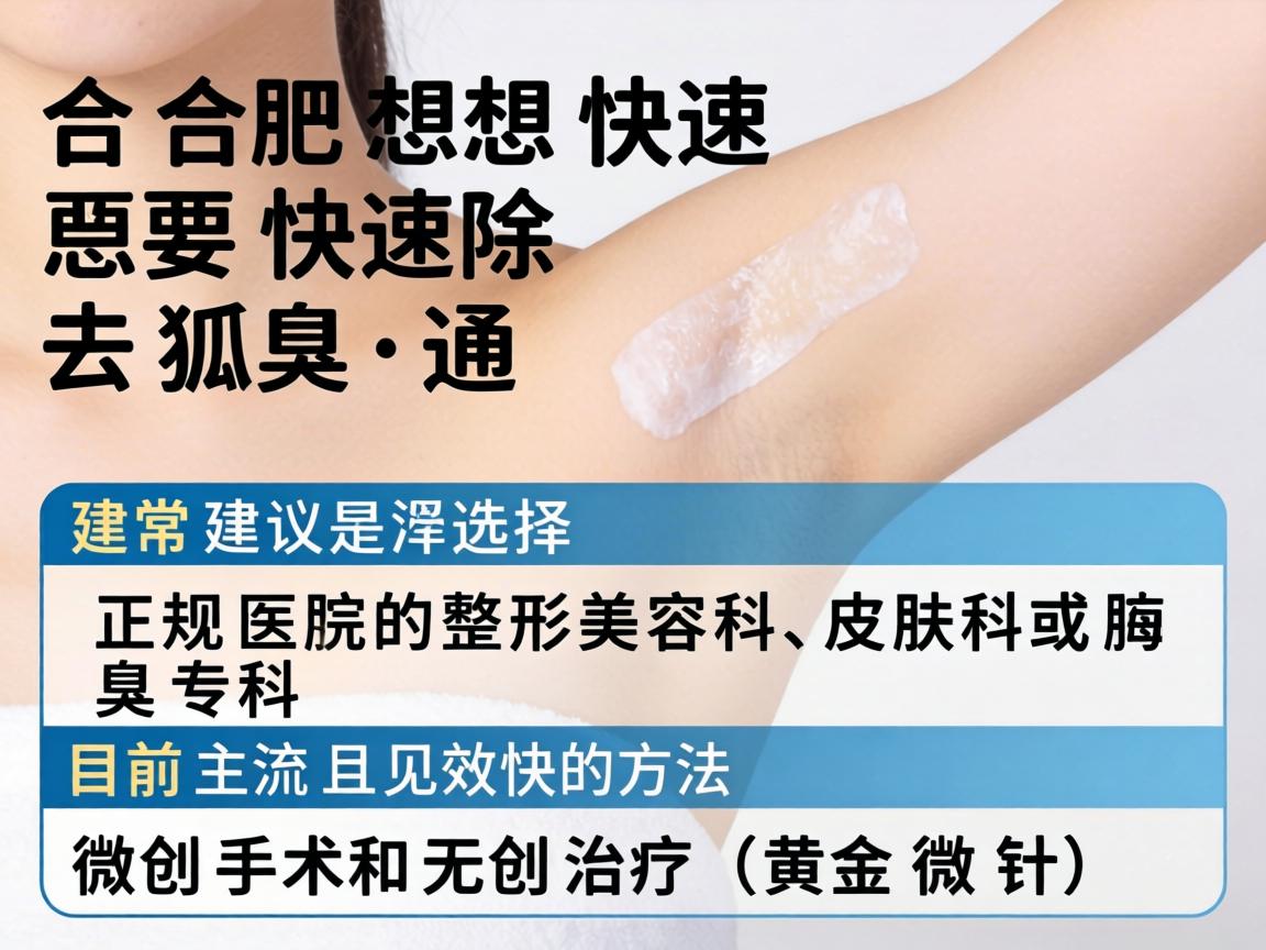 在合肥，想要快速去除狐臭，通常建议选择正规医院的整形美容科、皮肤科或腋臭专科。目前主流且见效快的方法是微创手术和无创治疗（如黄金微针）
