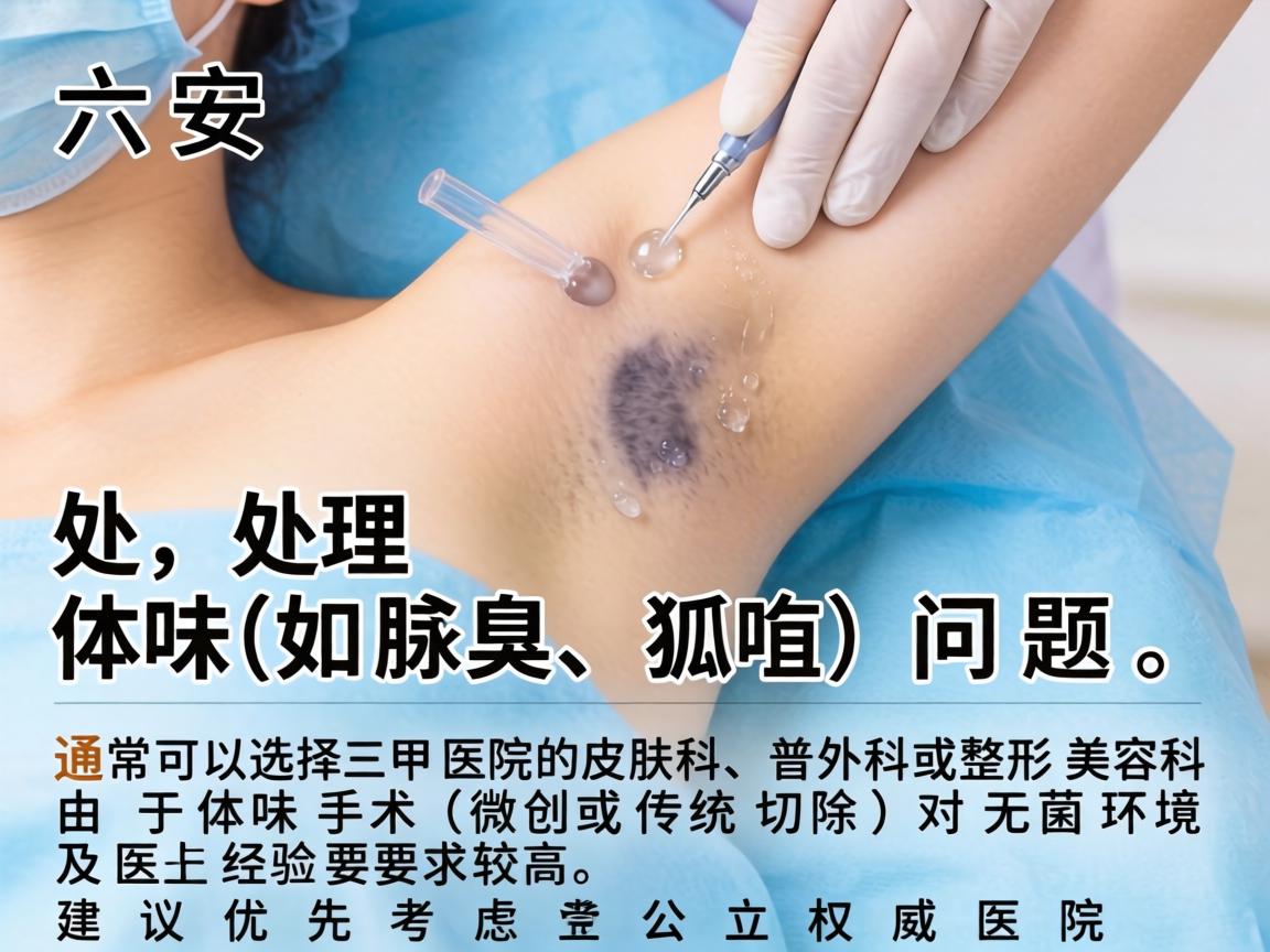 在六安,处理体味(如腋臭、狐臭)问题,通常可以选择三甲医院的皮肤科、普外科或整形美容科。由于体味手术(微创或传统切除)对无菌环境及医生经验要求较高,建议优先考虑公立权威医院 在六安,处理体味(如腋臭、狐臭)问题,通常可以选择三甲医院的皮肤科、普外科或整形美容科。由于体味手术(微创或传统切除)对无菌环境及医生经验要求较高,建议优先考虑公立权威医院