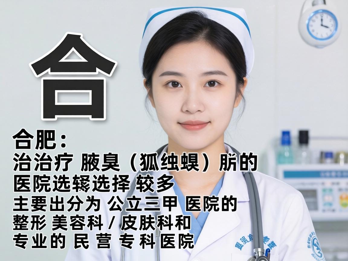 在合肥,治疗腋臭(狐臭)的医院选择较多,主要分为公立三甲医院的整形美容科/皮肤科和专业的民营专科医院 在合肥,治疗腋臭(狐臭)的医院选择较多,主要分为公立三甲医院的整形美容科/皮肤科和专业的民营专科医院