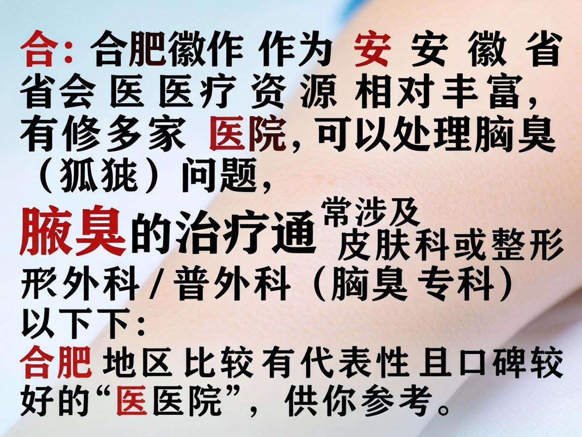 合肥作为安徽省省会,医疗资源相对丰富,有多家医院可以处理腋臭(狐臭)问题。腋臭的治疗通常涉及皮肤科或整形外科/普外科(腋臭专科)以下是合肥地区比较有代表性且口碑较好的医院,供你参考 合肥作为安徽省省会,医疗资源相对丰富,有多家医院可以处理腋臭(狐臭)问题。腋臭的治疗通常涉及皮肤科或整形外科/普外科(腋臭专科)以下是合肥地区比较有代表性且口碑较好的医院,供你参考
