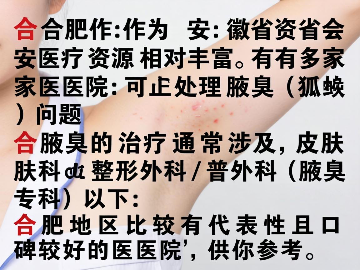 合肥作为安徽省省会,医疗资源相对丰富,有多家医院可以处理腋臭(狐臭)问题。腋臭的治疗通常涉及皮肤科或整形外科/普外科(腋臭专科)以下是合肥地区比较有代表性且口碑较好的医院,供你参考 合肥作为安徽省省会,医疗资源相对丰富,有多家医院可以处理腋臭(狐臭)问题。腋臭的治疗通常涉及皮肤科或整形外科/普外科(腋臭专科)以下是合肥地区比较有代表性且口碑较好的医院,供你参考