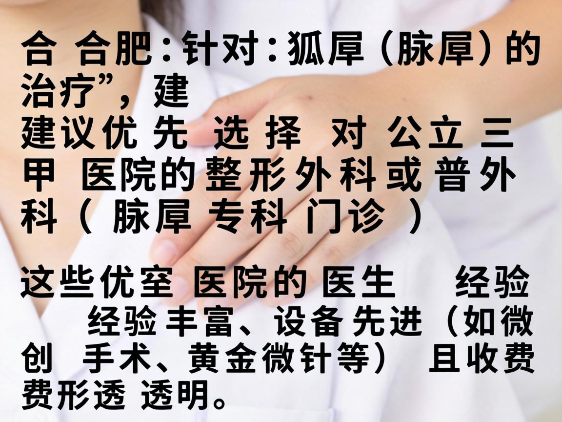 在合肥,针对狐臭(腋臭)的治疗,建议优先选择公立三甲医院的整形外科或普外科(腋臭专科门诊)这些医院的医生经验丰富、设备先进(如微创手术、黄金微针等)且收费透明 在合肥,针对狐臭(腋臭)的治疗,建议优先选择公立三甲医院的整形外科或普外科(腋臭专科门诊)这些医院的医生经验丰富、设备先进(如微创手术、黄金微针等)且收费透明