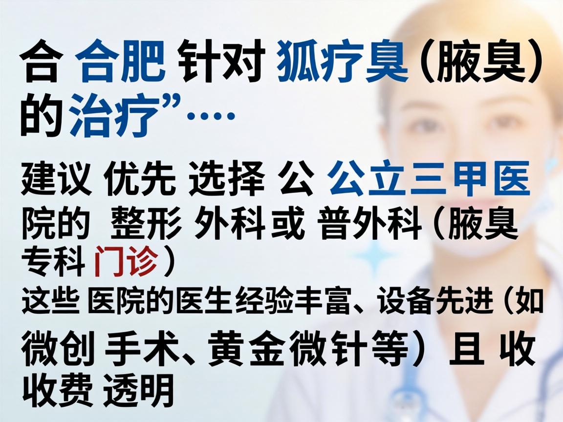 在合肥,针对狐臭(腋臭)的治疗,建议优先选择公立三甲医院的整形外科或普外科(腋臭专科门诊)这些医院的医生经验丰富、设备先进(如微创手术、黄金微针等)且收费透明 在合肥,针对狐臭(腋臭)的治疗,建议优先选择公立三甲医院的整形外科或普外科(腋臭专科门诊)这些医院的医生经验丰富、设备先进(如微创手术、黄金微针等)且收费透明