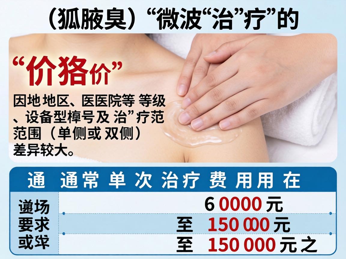 腋臭(狐臭)微波治疗的价格因地区、医院等级、设备型号及治疗范围(单侧或双侧)差异较大,通常单次治疗费用在 6000元 至 15000元 之间 腋臭(狐臭)微波治疗的价格因地区、医院等级、设备型号及治疗范围(单侧或双侧)差异较大,通常单次治疗费用在 6000元 至 15000元 之间